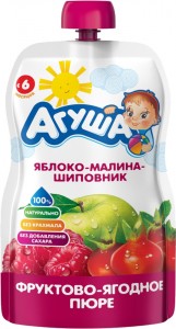 Фруктовое Агуша Яблоко, малина, шиповник с 6 мес. 90 г (пауч) (210183)