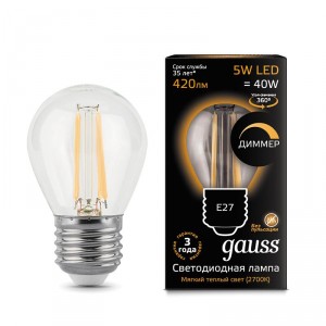 Лампа Gauss Black Filament Шар E27 5W 220V 2700K диммирумемая (105802105-D)