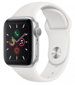 Умные часы Apple Watch Series 5, 44 мм, корпус из алюминия цвета «серебряный», спортивный ремешок цвета белый (MWVD2RU/A)