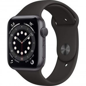 Умные часы Apple Watch Series 6, 44 мм, корпус из алюминия цвета «серый космос», спортивный ремешок (M00H3RU/A)