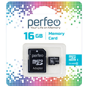 Карта памяти Perfeo MicroSDHC 16GB Class10 с адаптером SD (PF16GMCSH10A)