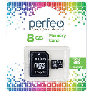 Карта памяти Perfeo MicroSDHC 8GB Сlass10 с адаптером SD (PF8GMCSH10A)