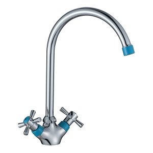 Смеситель Decoroom DR46028-Blue двуручный для кухни с высоким повортным изливом (хром)