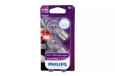 Автолампа Philips P21/5w (bay15d)+60% vision plus (блистер, 2шт) 12v /1/10 (12499VPB2)
