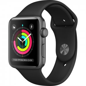 Умные часы Apple Watch Series 3, 42 мм, корпус из алюминия цвета «серый космос», спортивный ремешок черного цвета (MTF32RU/A)