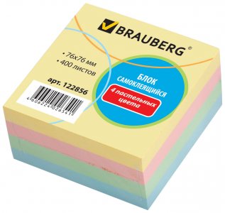 Блок самоклеящихся стикеров BRAUBERG 76х76мм, 400 листов, пастельный, 4 цвета (122856)