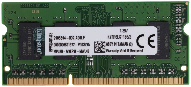 Оперативная память Kingston PC3-12800 SO-DIMM DDR3L 1600MHz SRx16 1.35V 2 (KVR16LS11S6/2)