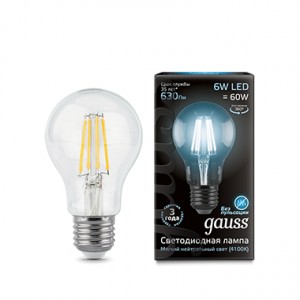 Лампа светодиодная Gauss Filament A60 E27 6W 230V белый свет