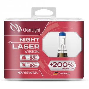Лампа автомобильная галогенная ClearLight H1 12V-55W Night Laser Vision + 200%, 2 шт (MLH1NLV200)