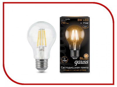 Лампочка Gauss Filament A60 E27 8W 230V желтый свет