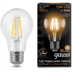 Лампочка Gauss Filament A60 E27 10W 230V желтый свет