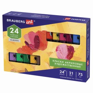 Художественные акриловые краски BRAUBERG Classic 24 штуки 21 цвет, в тубах 75 мл, Art (191762)