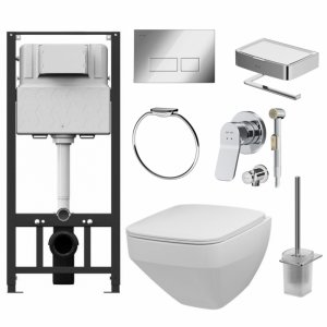 Комплект унитаза с инсталляцией Am.Pm Inspire 2.0 CK50GD с сиденьем Микролифт с клавишей смыва Хром с гигиеническим душем и аксессуарами для ванной комнаты