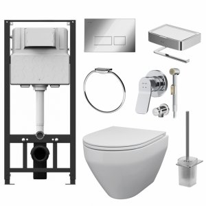 Комплект унитаза с инсталляцией Am.Pm Spirit V2.0 CK70HA с сиденьем Микролифт с клавишей смыва Хром с гигиеническим душем и аксессуарами для ванной комнаты