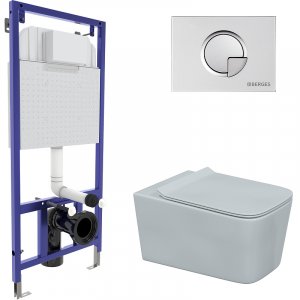 Комплект унитаза с инсталляцией Berges Wasserhaus Floe Rimless 043281 с сиденьем Микролифт и клавишей смыва Хром матовый