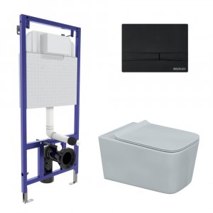 Комплект унитаза с инсталляцией Berges Wasserhaus Floe Rimless 043224 с сиденьем Микролифт и Черной клавишей смыва