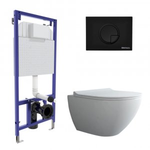 Комплект унитаза с инсталляцией Berges Wasserhaus Novum Rimless 043268 с сиденьем Микролифт и Черной клавишей смыва