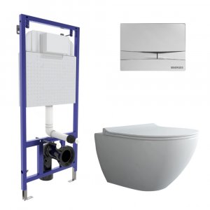 Комплект унитаза с инсталляцией Berges Wasserhaus Novum Rimless 043269 с сиденьем Микролифт и клавишей смыва Хром глянец