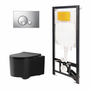 Комплект унитаза с инсталляцией Point Веста 886914GBOO+PN41701BM Черный матовый с сиденьем Микролифт и клавишей смыва Хром глянцевый